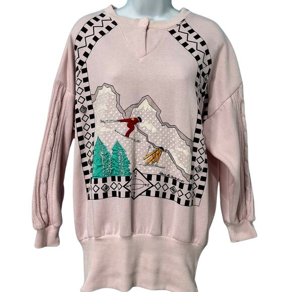 Vintage 80s Baby Pink Mixed Media Skiing Winter Sweatshirt Crew Neck Size L - Picture 1 of 12